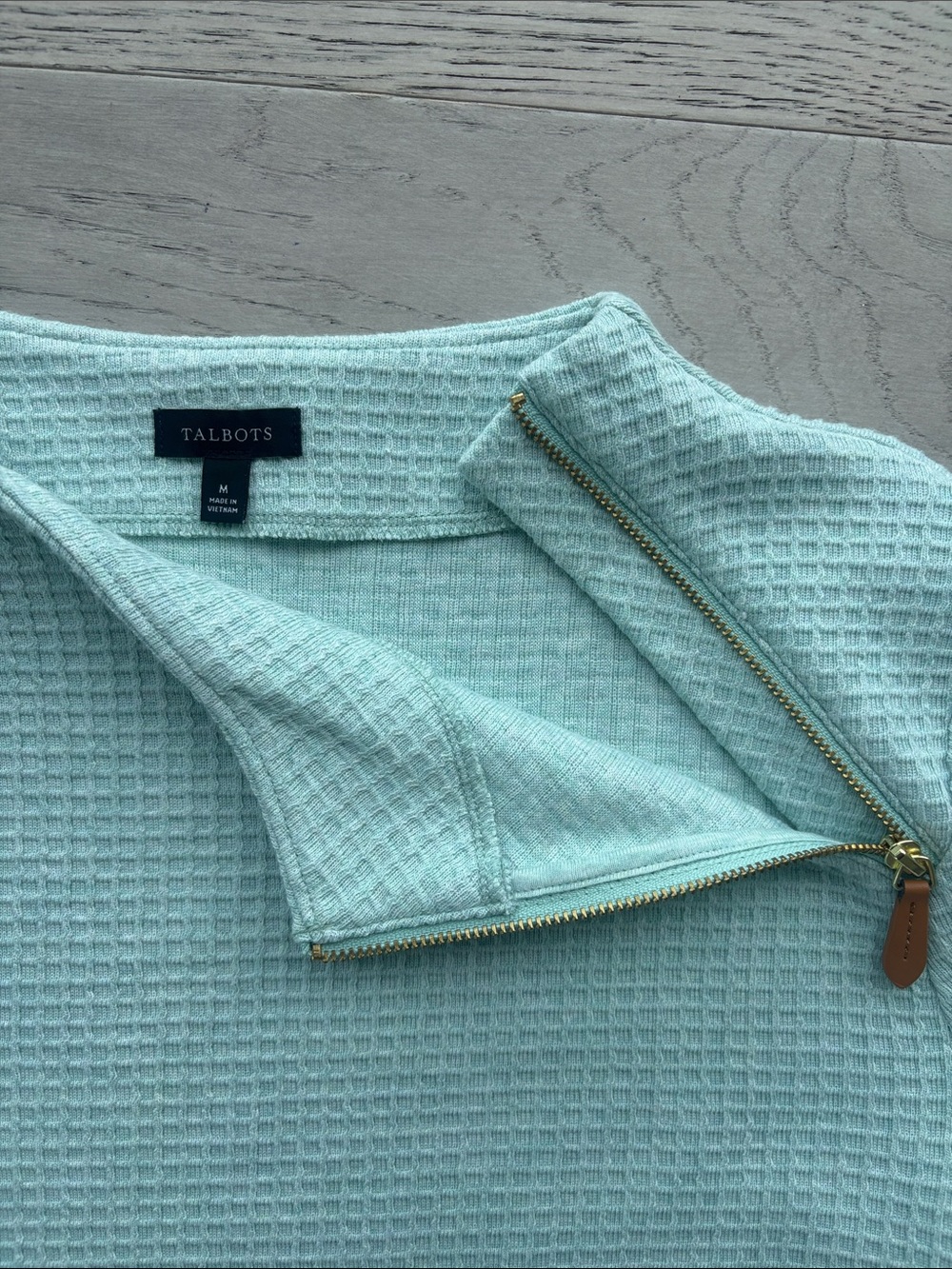 Talbots Zip Detail Funnel Neck Pullover Waffle Light Green Sweater Medium - Picture 6 of 7